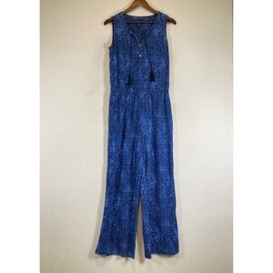 Boho Coastal d&co BEACH Womens Small Blue Damask Linen‎ Blend Tassel Jumpsuit